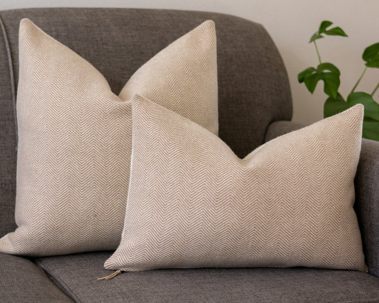 Beige textured pillows on a gray sofa with a plant in the background
