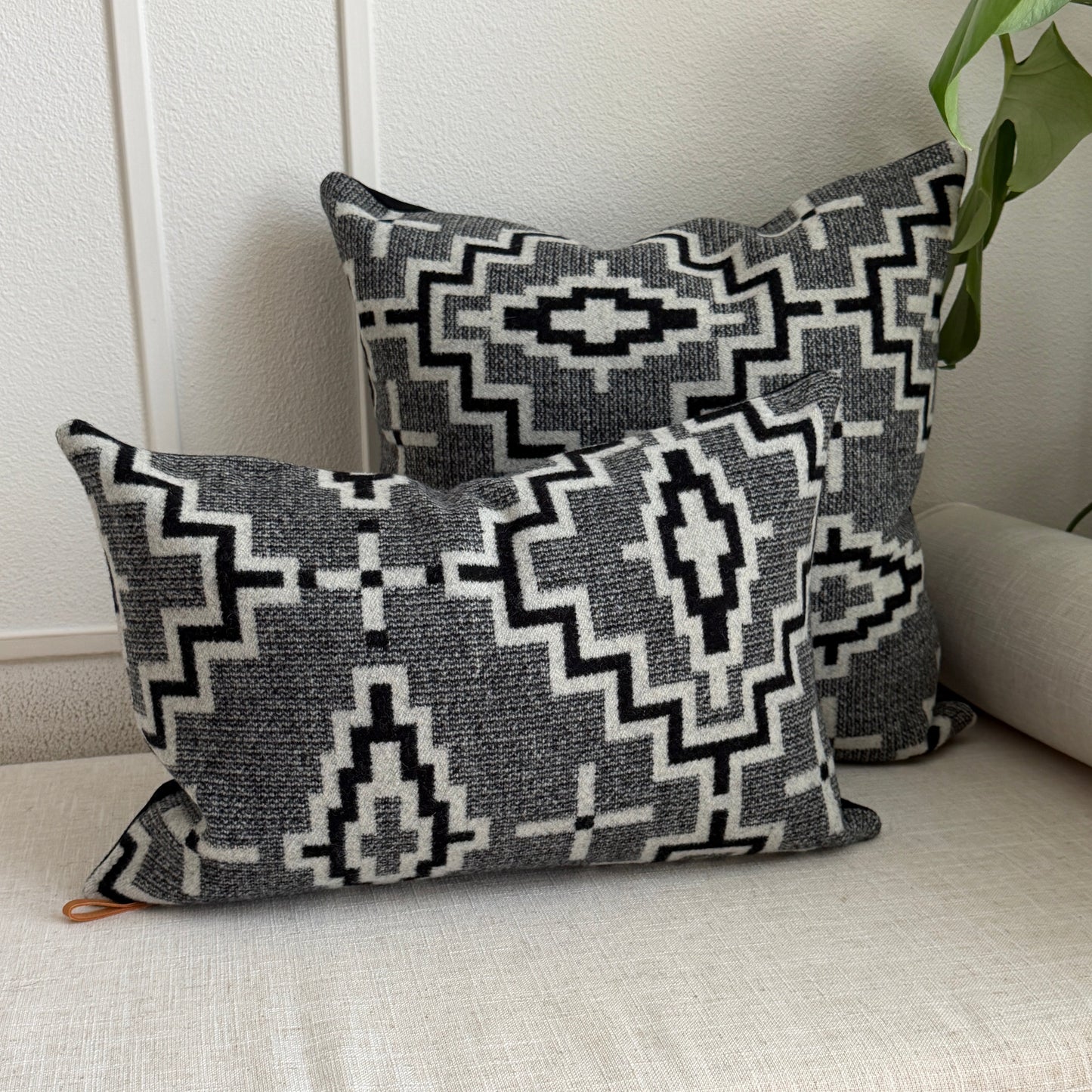 Two patterned pillows on a light-colored sofa
