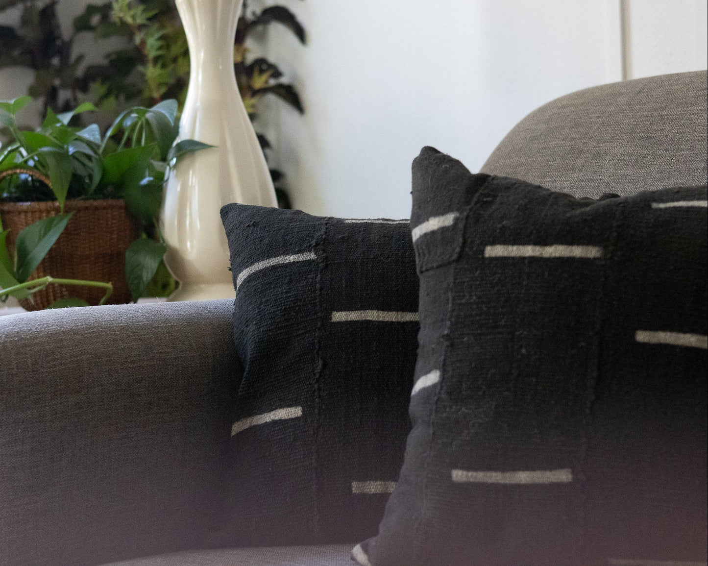 Gray sofa with decorative pillows and a plant in the background