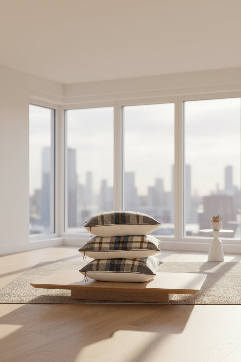 Stack of plaid cushions on a wooden stool against a plain background