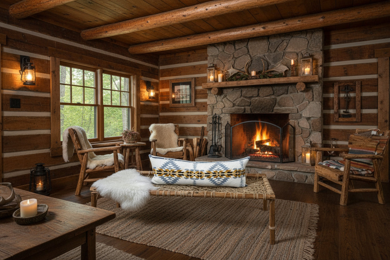 Decorative pillow with geometric pattern on a wooden surface