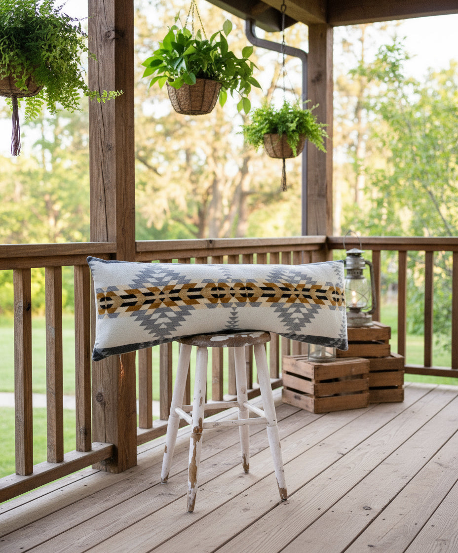 Decorative pillow with geometric pattern on a wooden stool against a light background