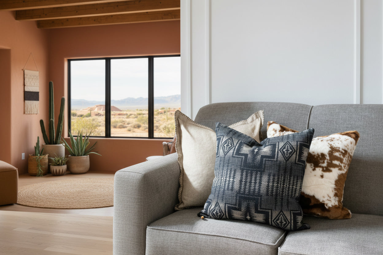 Gray sofa with patterned and textured throw pillows