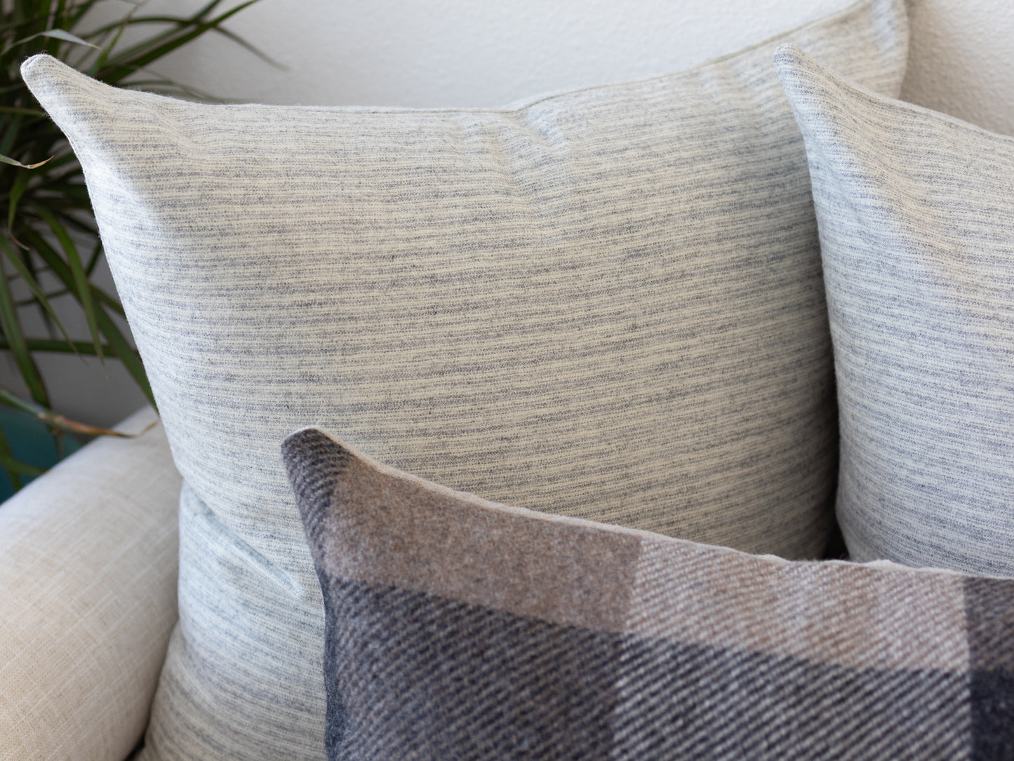 Set of 3 Wool Pillow Covers – Neutral Stripe Pillows with Brown Buffalo Check Lumbar