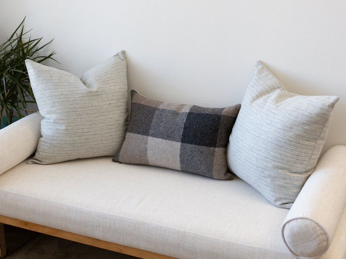 Set of 3 Wool Pillow Covers – Neutral Stripe Pillows with Brown Buffalo Check Lumbar