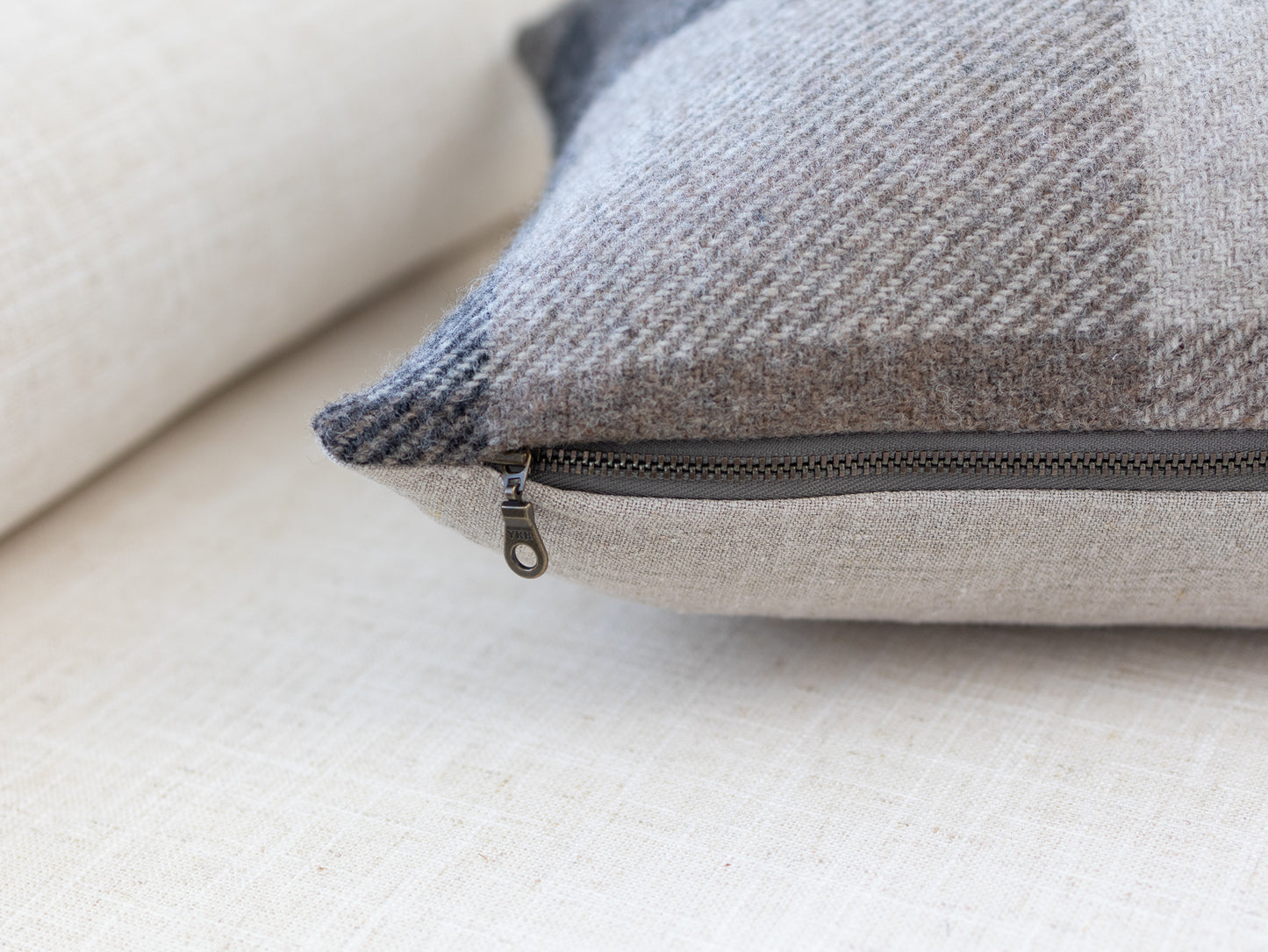Set of 3 Wool Pillow Covers – Neutral Stripe Pillows with Brown Buffalo Check Lumbar