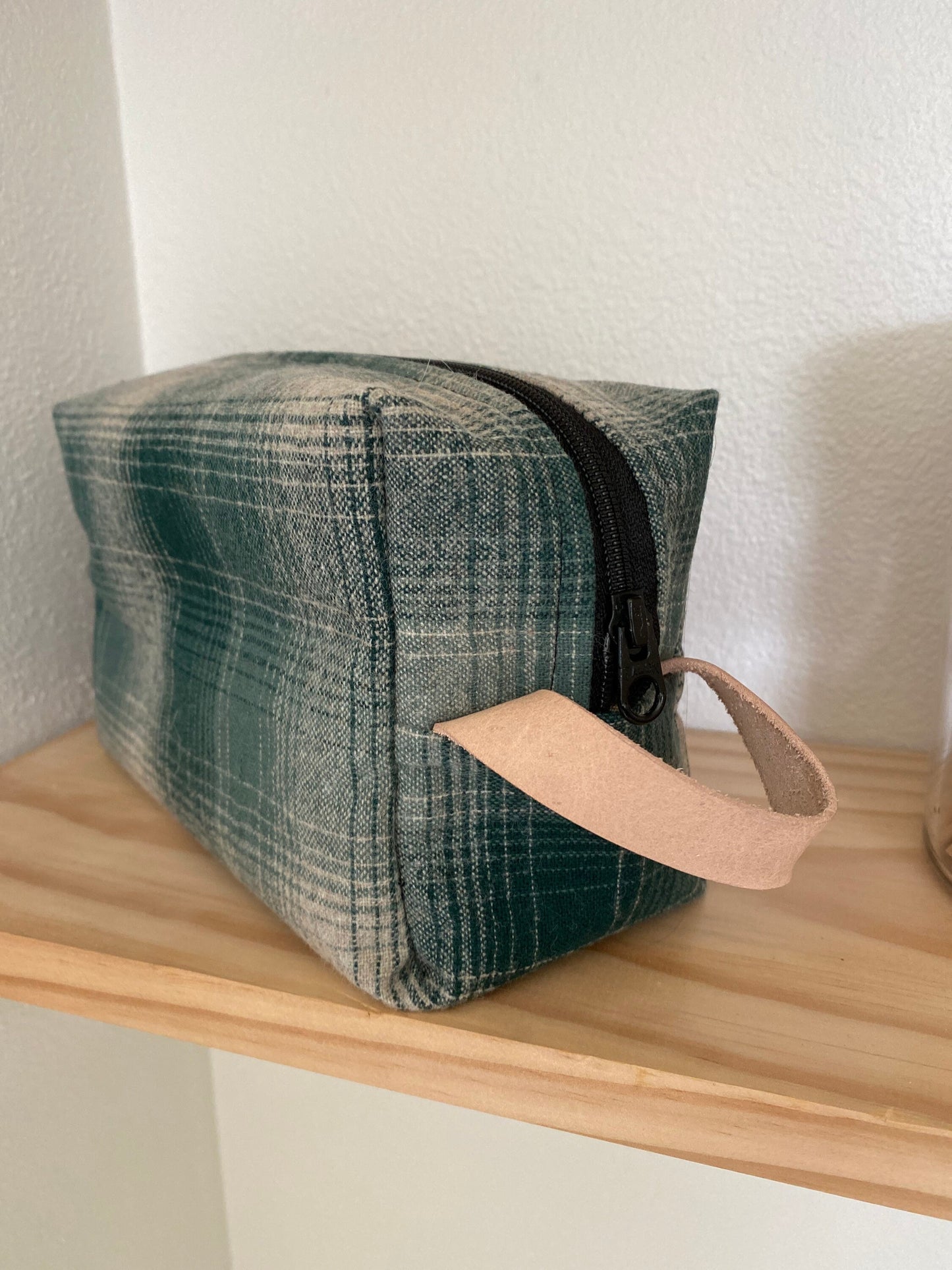 Green Plaid wool lined shaving Dopp kit