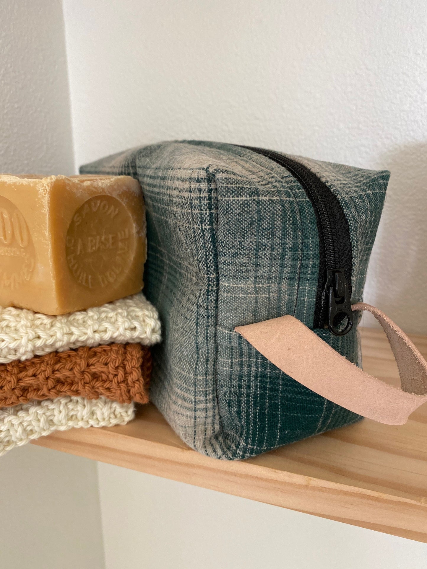 Green Plaid wool lined shaving Dopp kit