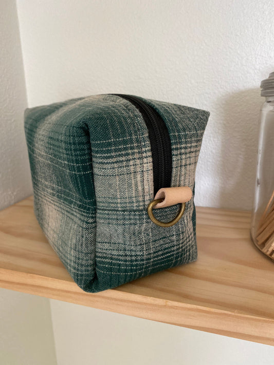 Green Plaid wool lined shaving Dopp kit