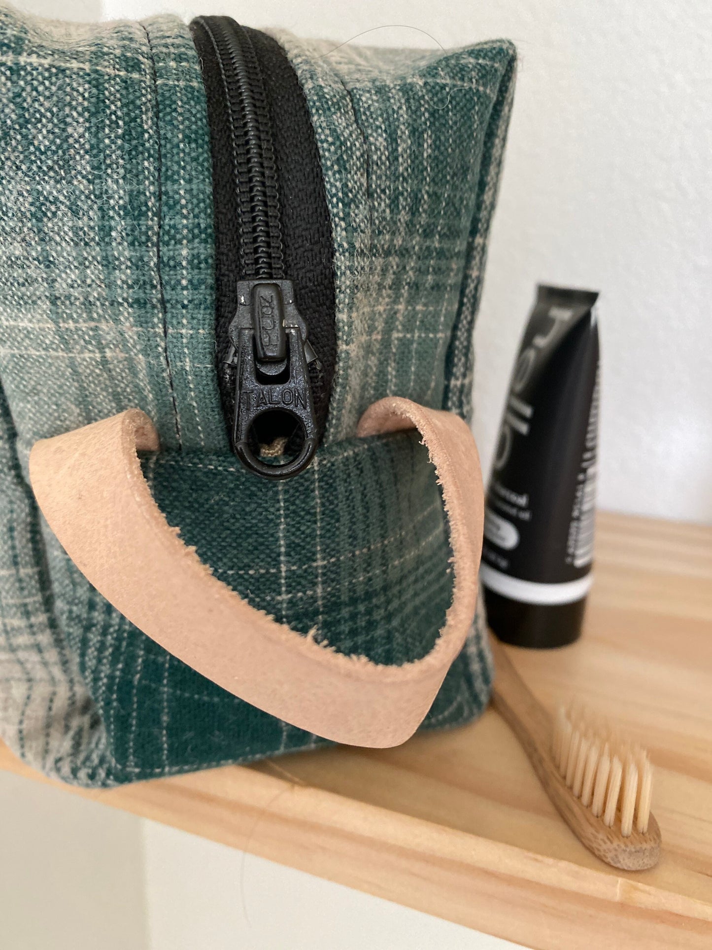 Green Plaid wool lined shaving Dopp kit