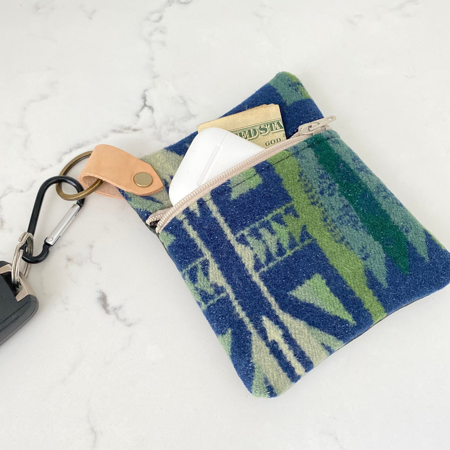 Navy and Green Wool Mini Clutch, Zippered Coin Purse, Key Fob Wallet, Credit Card Holder, Ear Bud Case, Teacher Gift