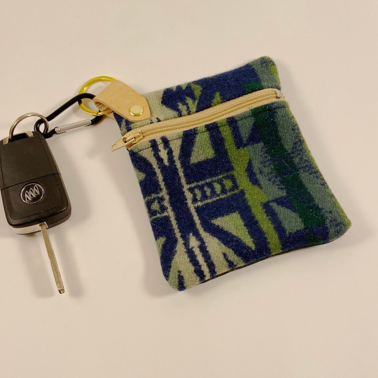 Navy and Green Wool Mini Clutch, Zippered Coin Purse, Key Fob Wallet, Credit Card Holder, Ear Bud Case, Teacher Gift