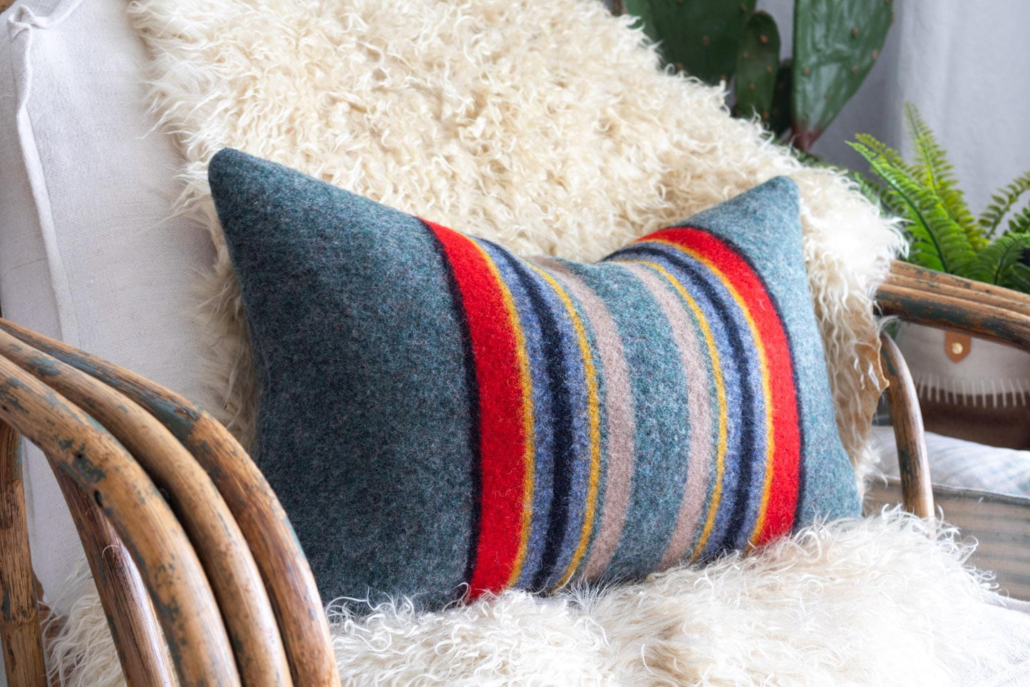Yakima Camp Wool Blanket Pillow Cover — Green Heather Stripe • Rustic Cabin Pillow • Neutral Cozy Decor