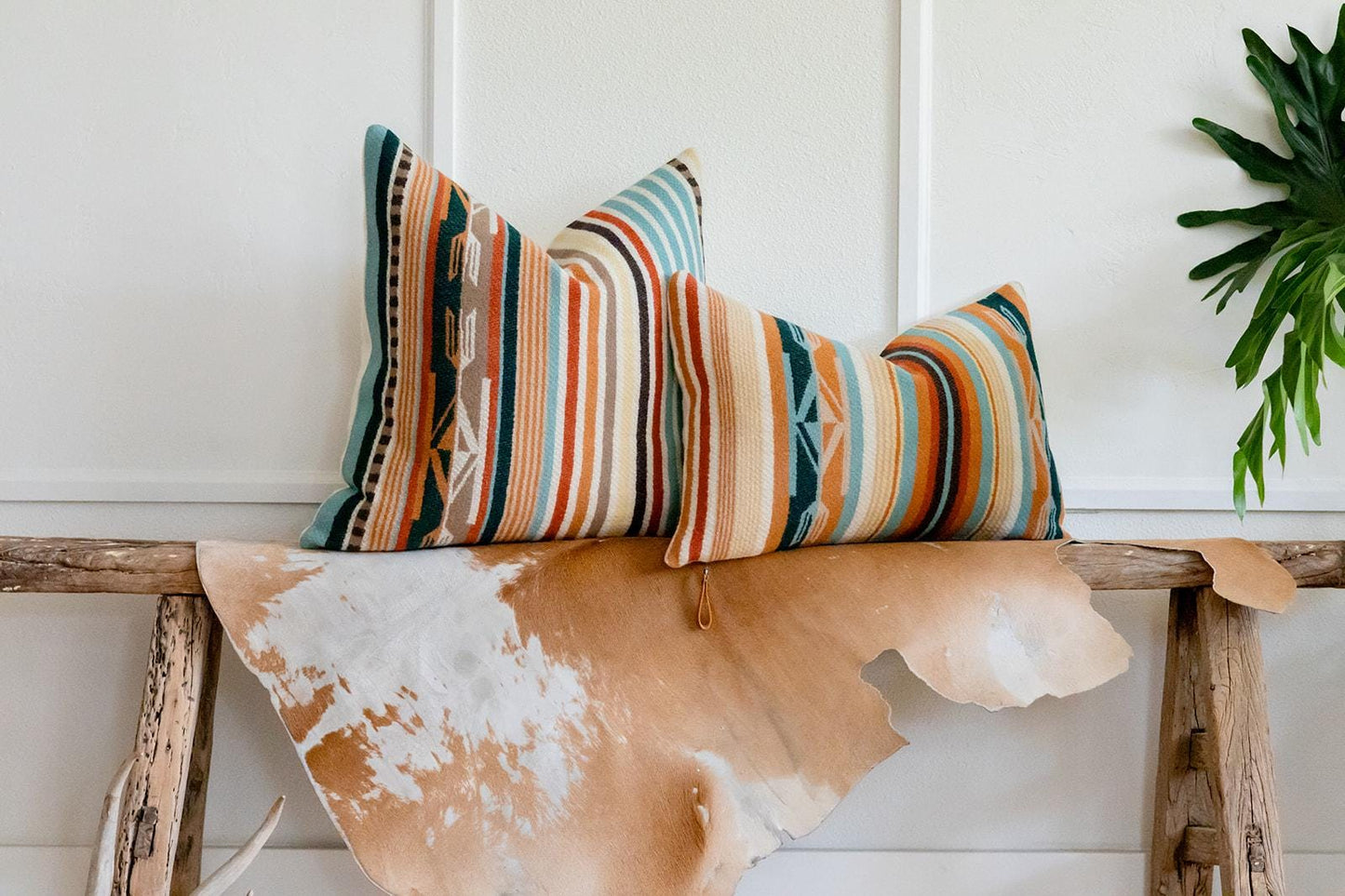 Chimayo Wool Pillow Cover – Aqua/Coral Southwestern Stripe Accent