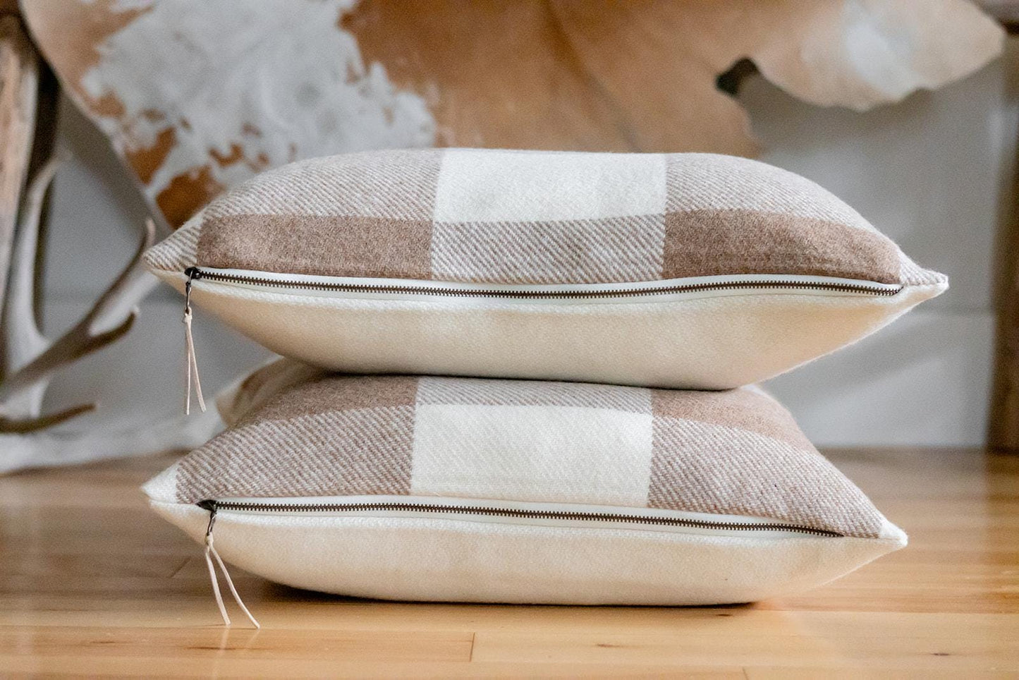Camel & Cream Buffalo Check Wool Pillow Cover – Ready to Ship