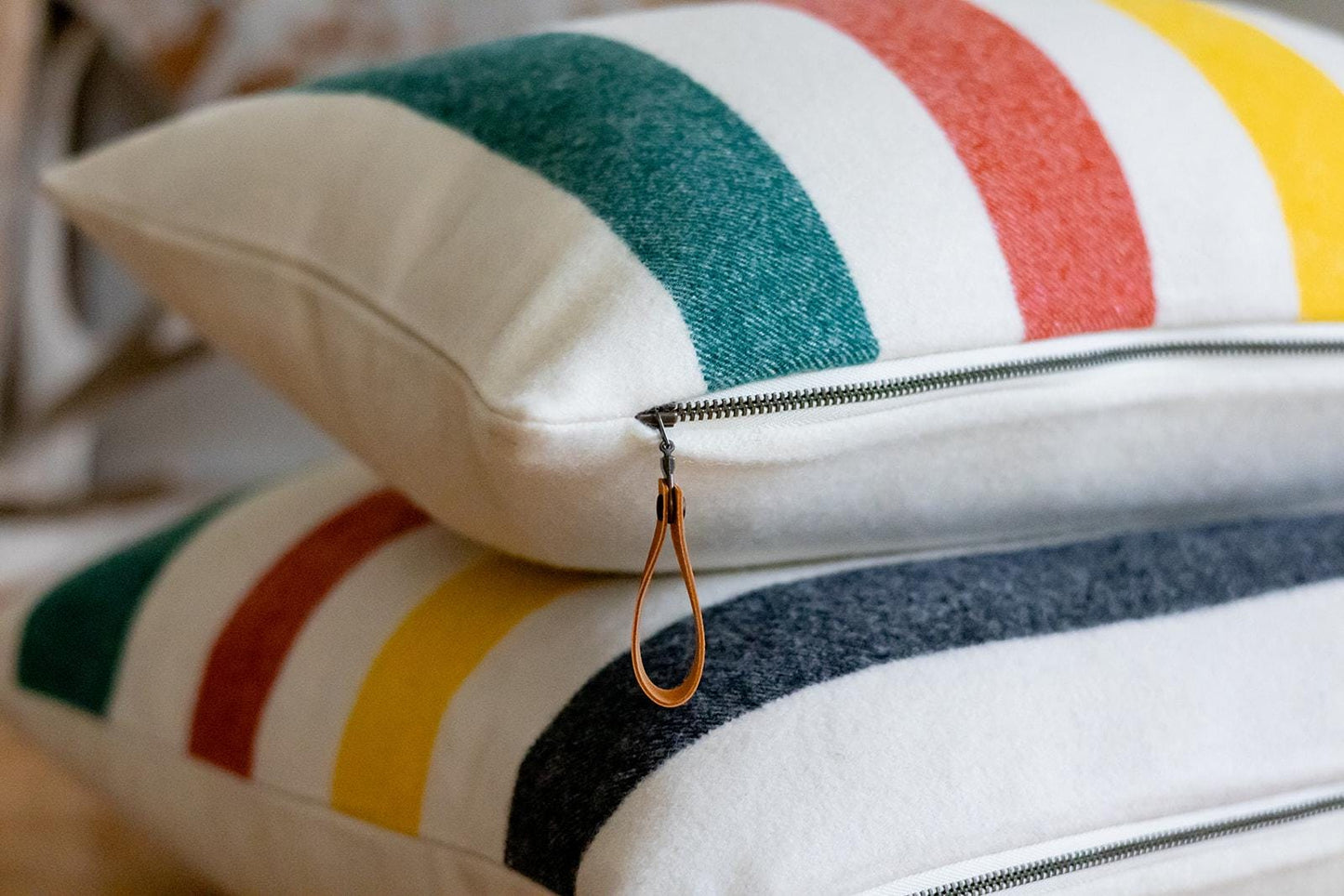 Glacier National Park Merino Wool Pillow Cover – Cream Base, Red, Green & Black Stripes