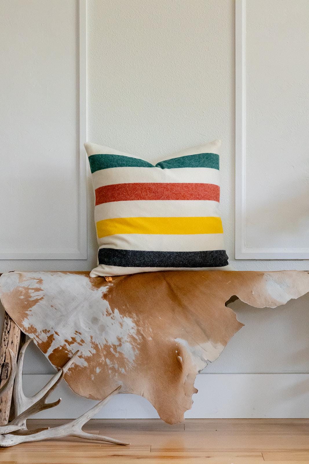 Glacier National Park Merino Wool Pillow Cover – Cream Base, Red, Green & Black Stripes