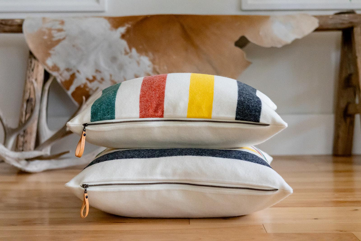 Glacier National Park Merino Wool Pillow Cover – Cream Base, Red, Green & Black Stripes
