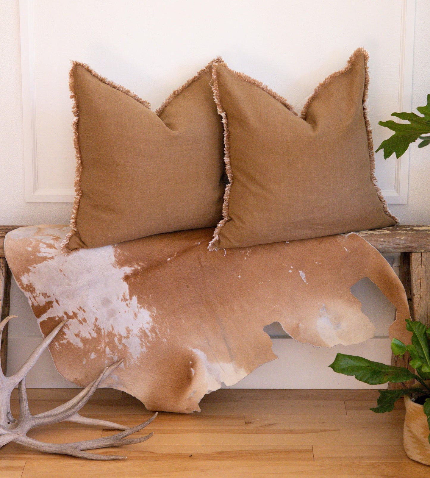 Caramel Linen Pillow Cover with Raw Fringe – Handcrafted Home Decor, Ready to Ship