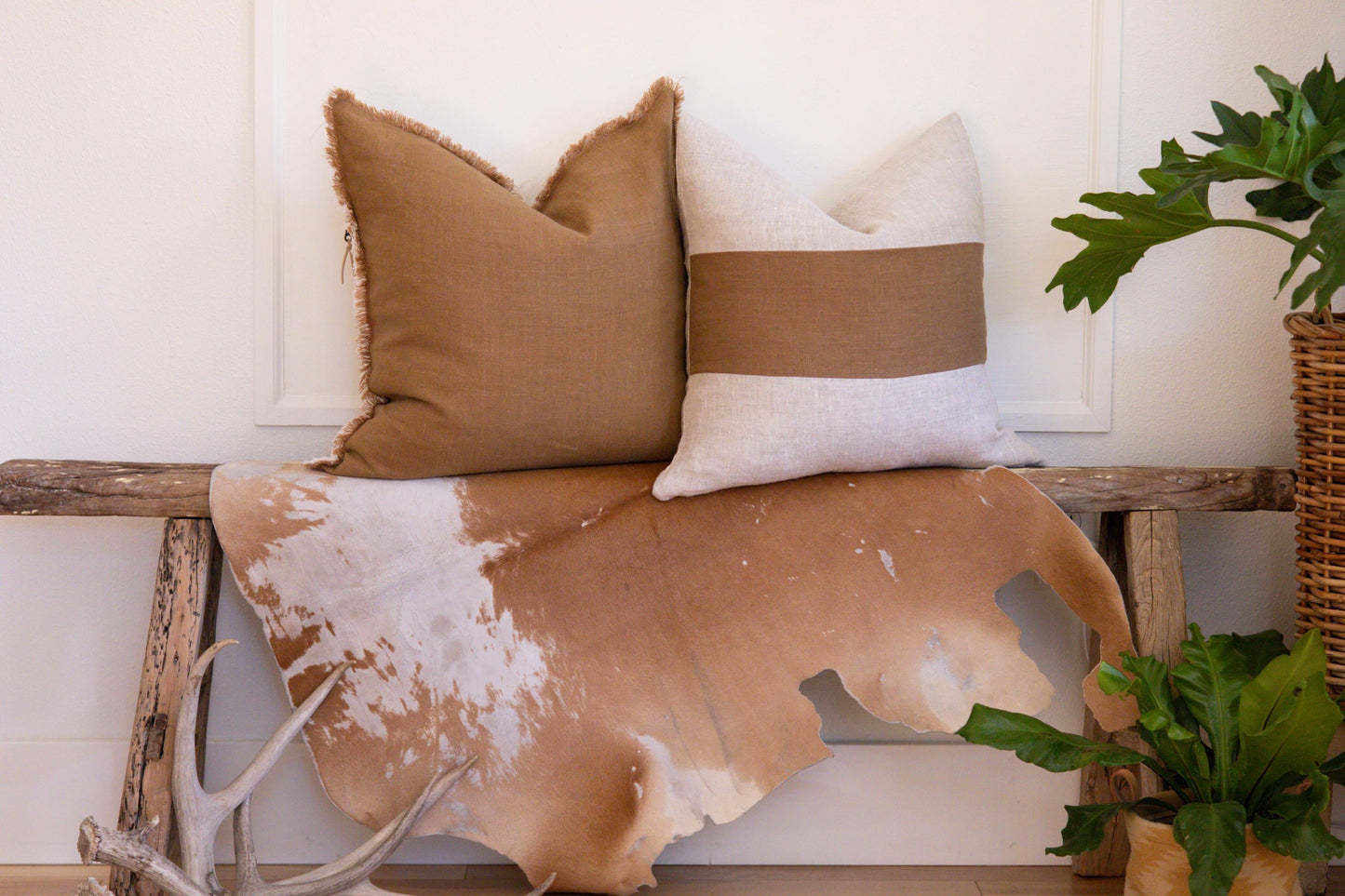 Caramel Linen Pillow Cover with Raw Fringe – Handcrafted Home Decor, Ready to Ship