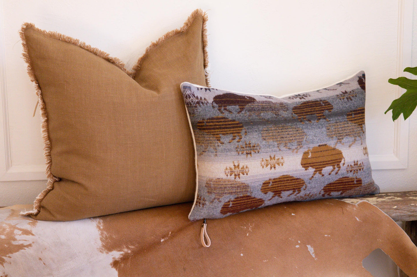 Caramel Linen Pillow Cover with Raw Fringe – Handcrafted Home Decor, Ready to Ship