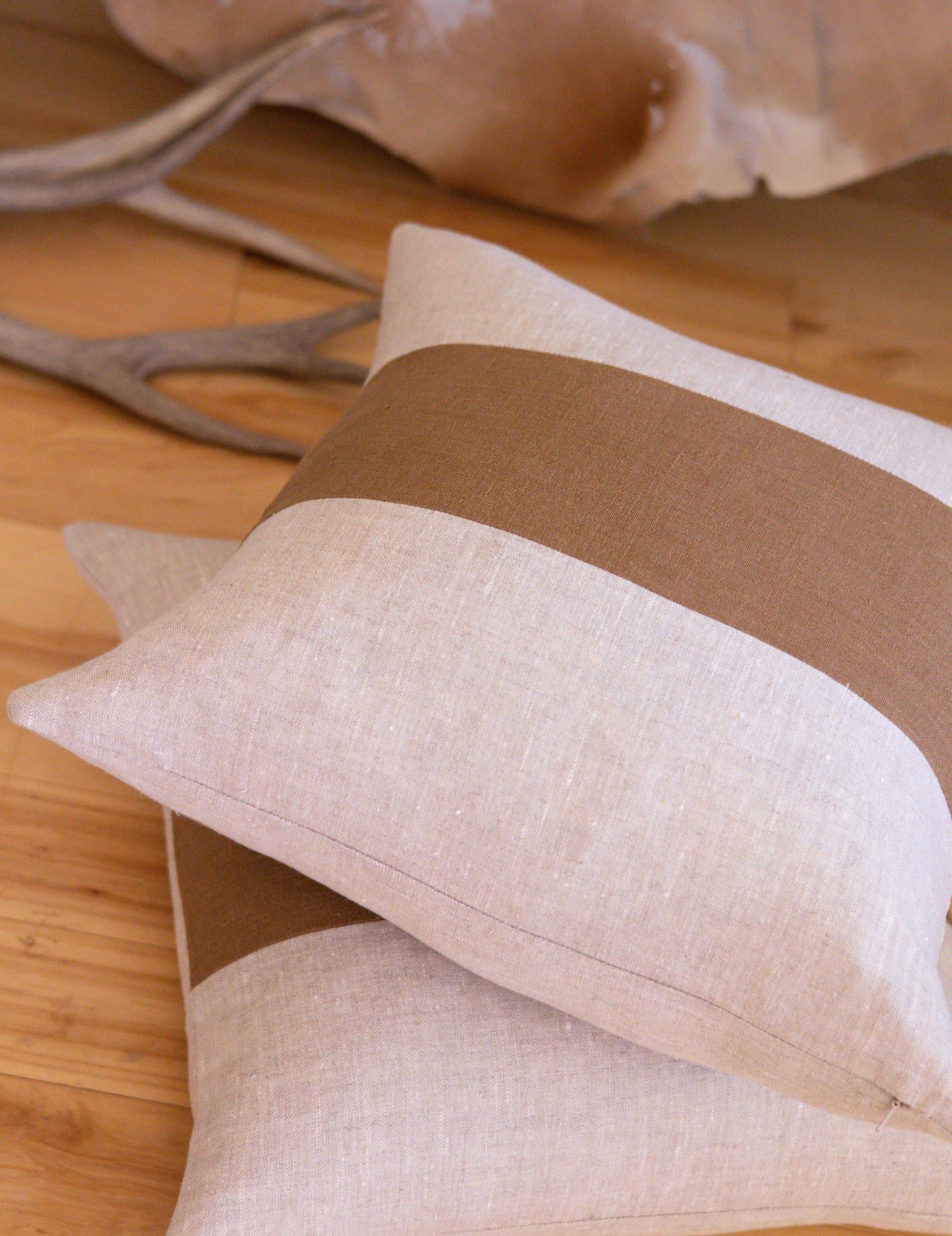 Caramel & Beige Colorblock Linen Pillow Cover – Handmade European Linen Cushion