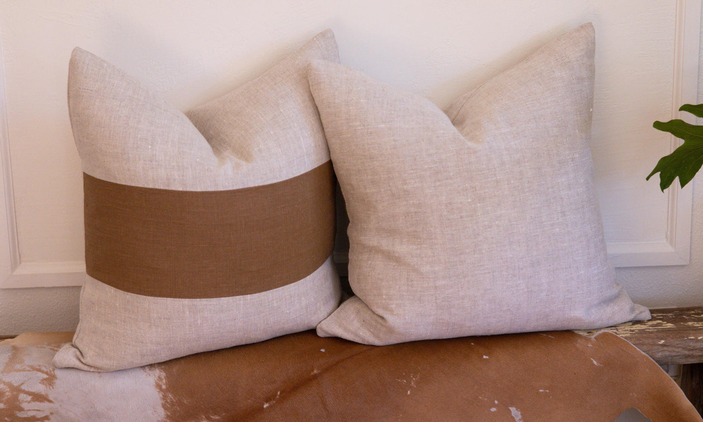 Caramel & Beige Colorblock Linen Pillow Cover – Handmade European Linen Cushion