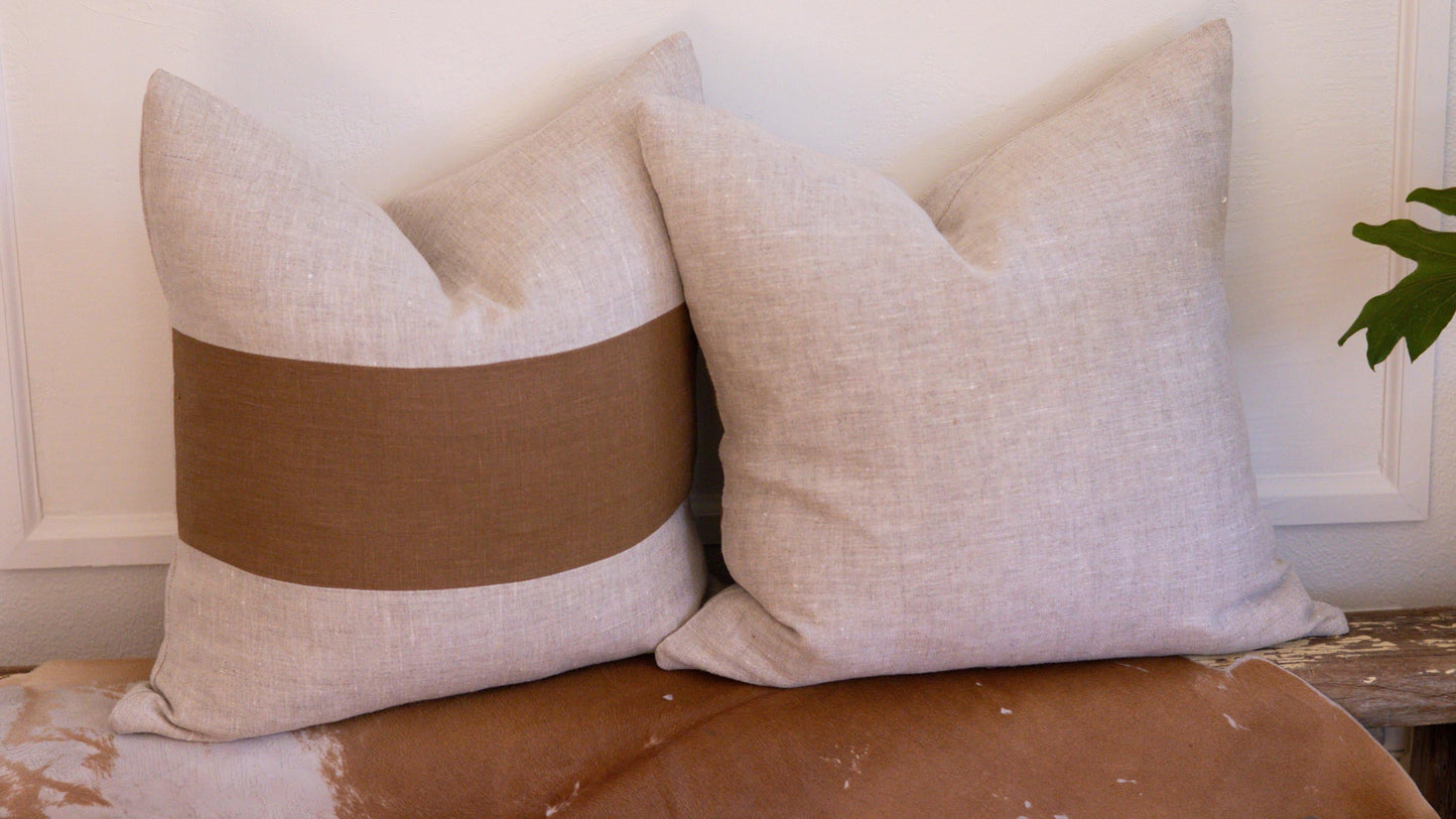 Ginger & Beige Colorblock Linen Pillow Cover – 18x18" | Rustic European Linen