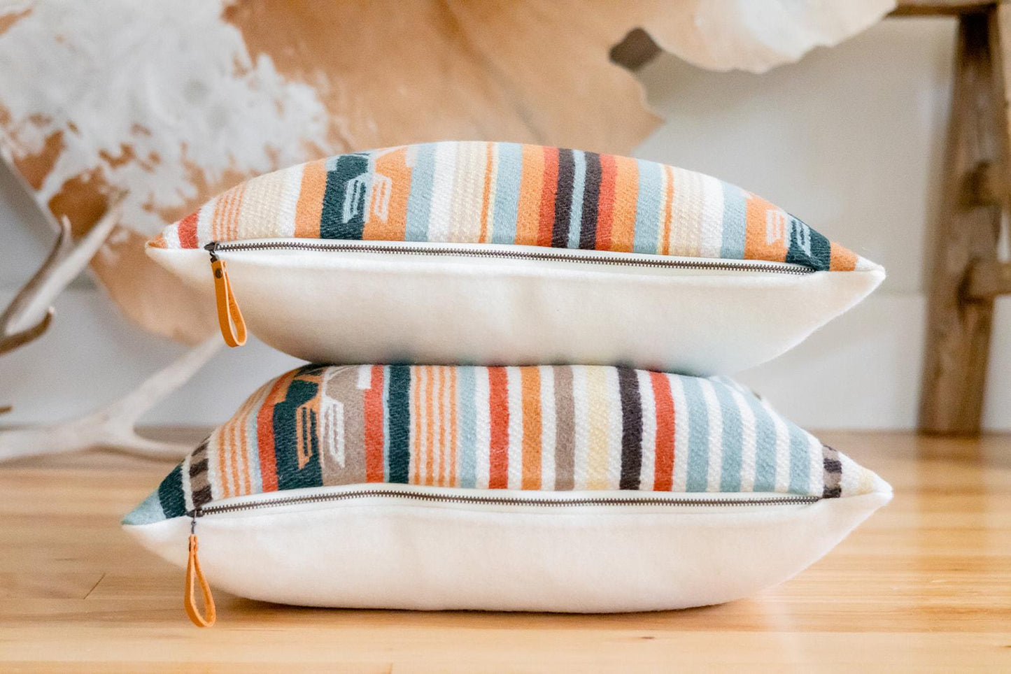 Chimayo Wool Pillow Cover – Aqua/Coral Southwestern Stripe Accent