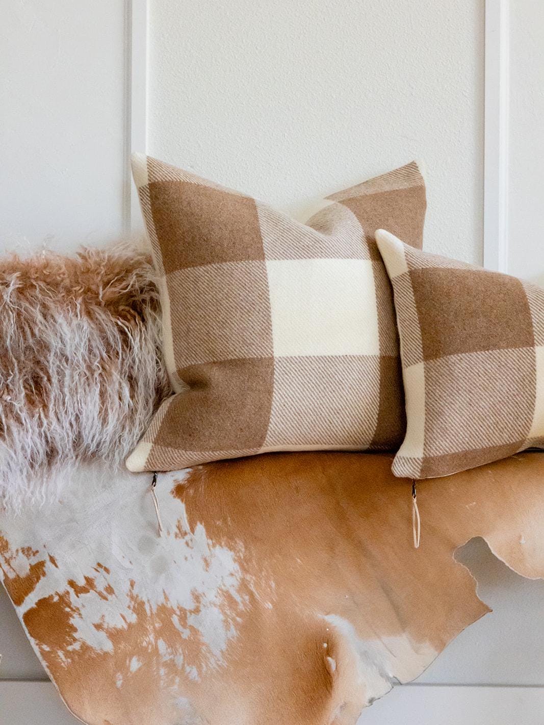 Camel & Cream Buffalo Check Wool Pillow Cover – Ready to Ship