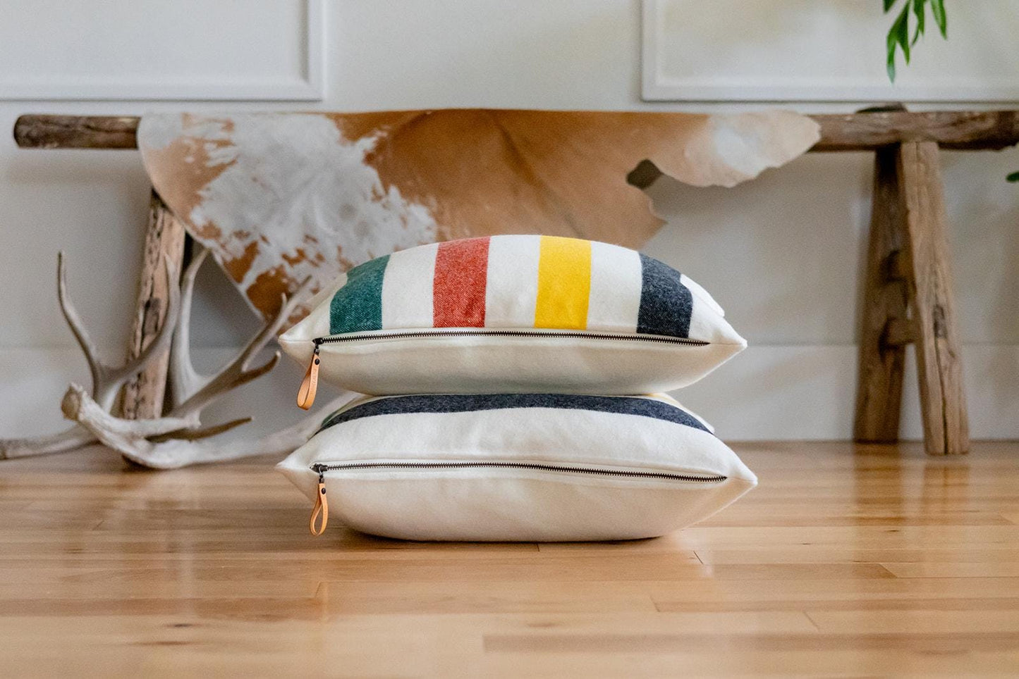 Glacier National Park Merino Wool Pillow Cover – Cream Base, Red, Green & Black Stripes