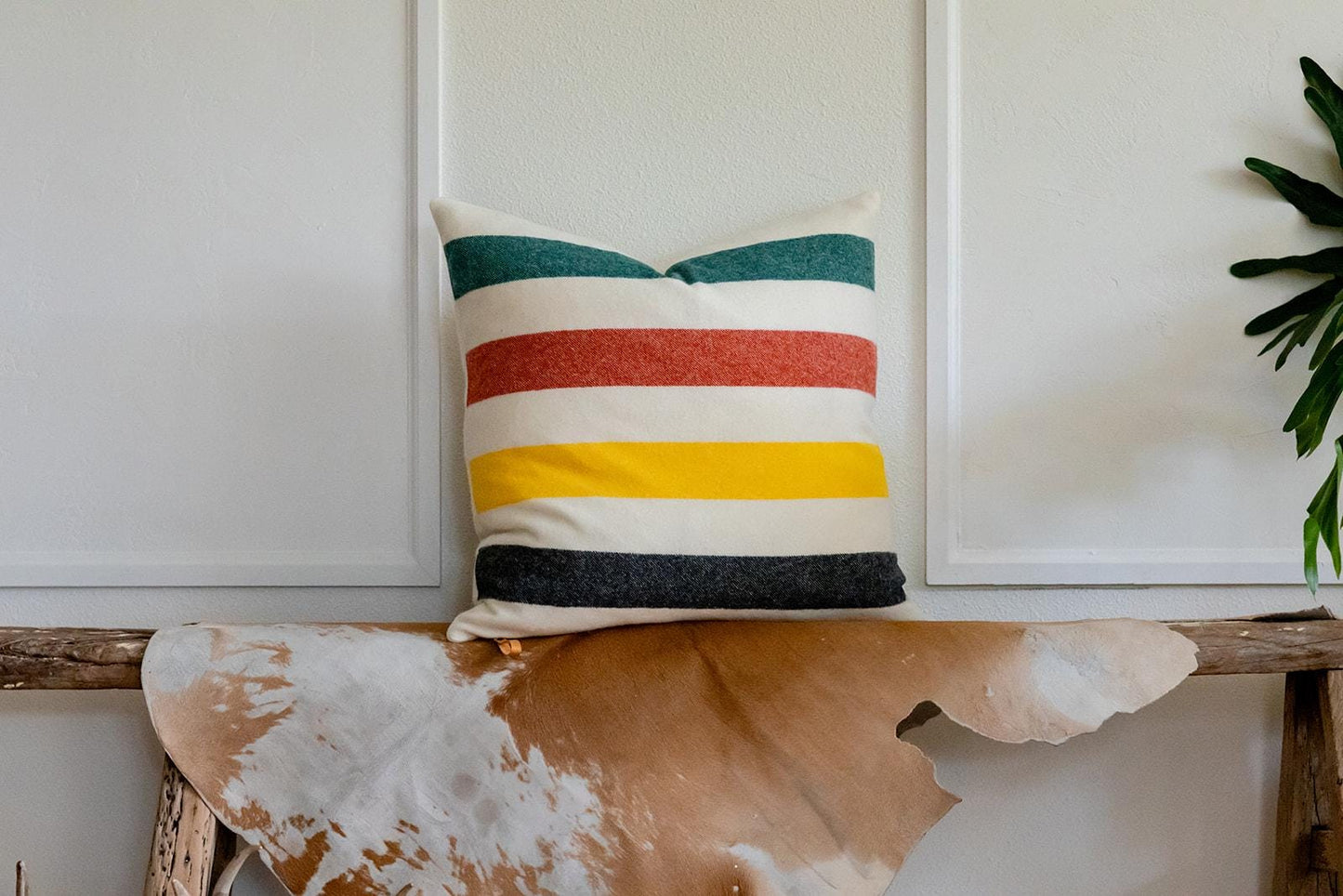 Glacier National Park Merino Wool Pillow Cover – Cream Base, Red, Green & Black Stripes