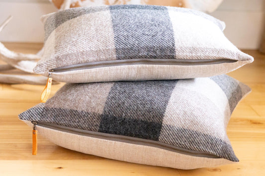 Tan & Charcoal Wool Pillow Cover – Oversized Gingham Style