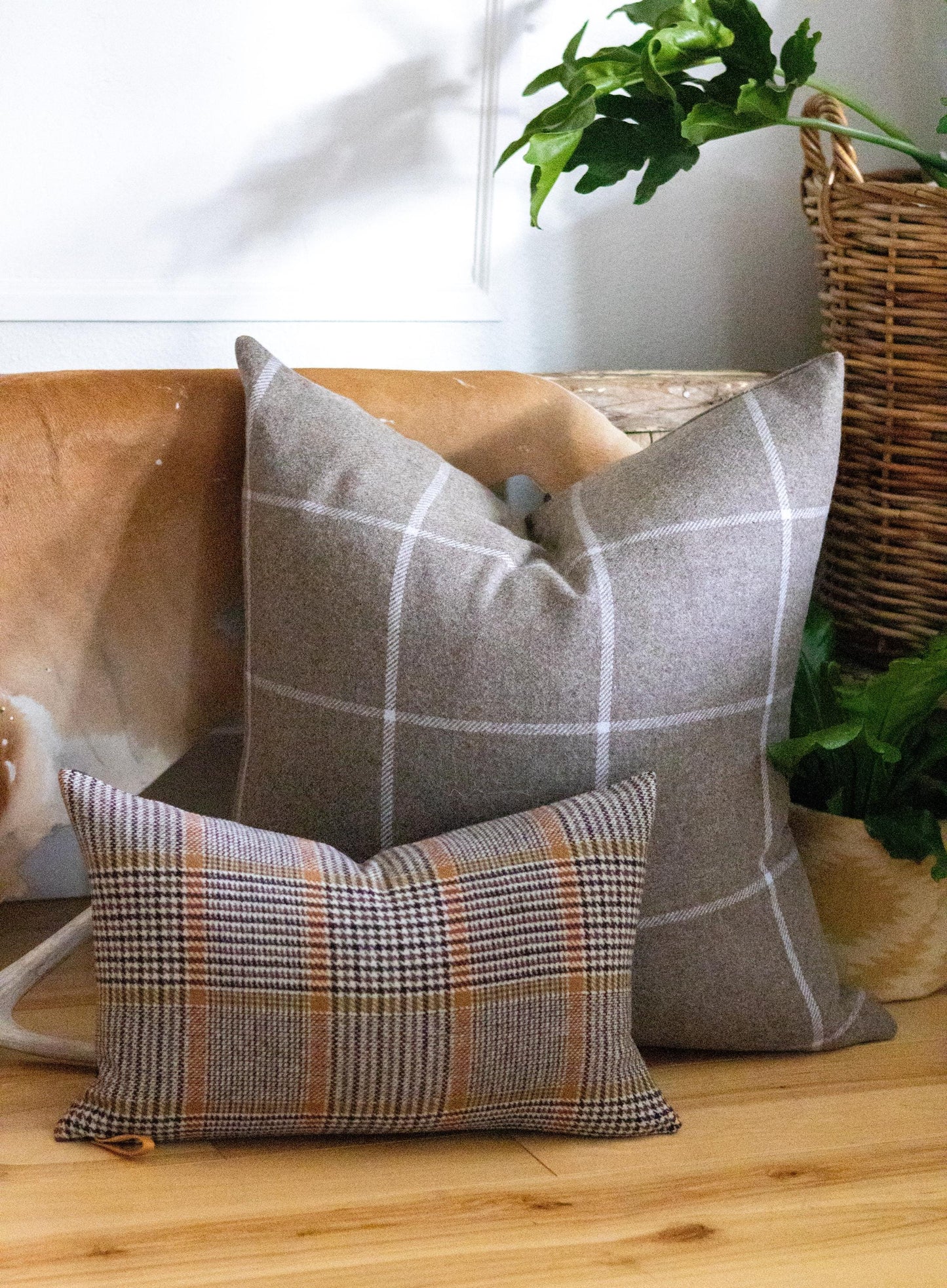 Two plaid patterned pillows on a wooden surface with a plant in the background.