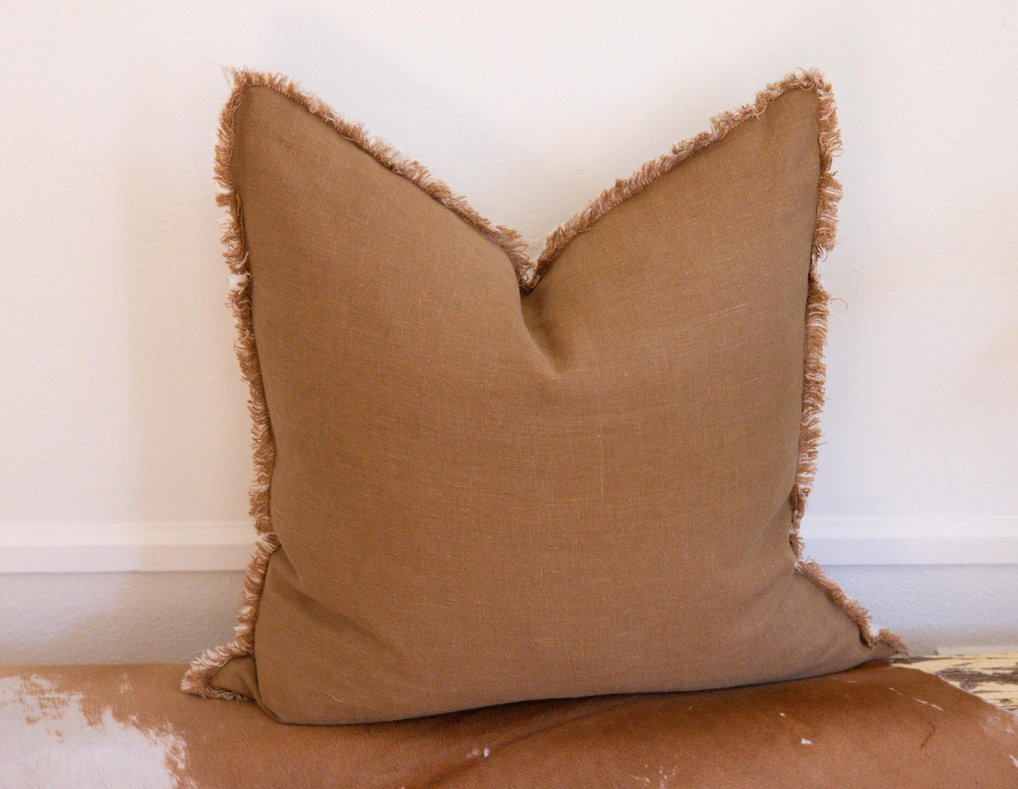 Caramel Linen Pillow Cover with Raw Fringe – Handcrafted Home Decor, Ready to Ship