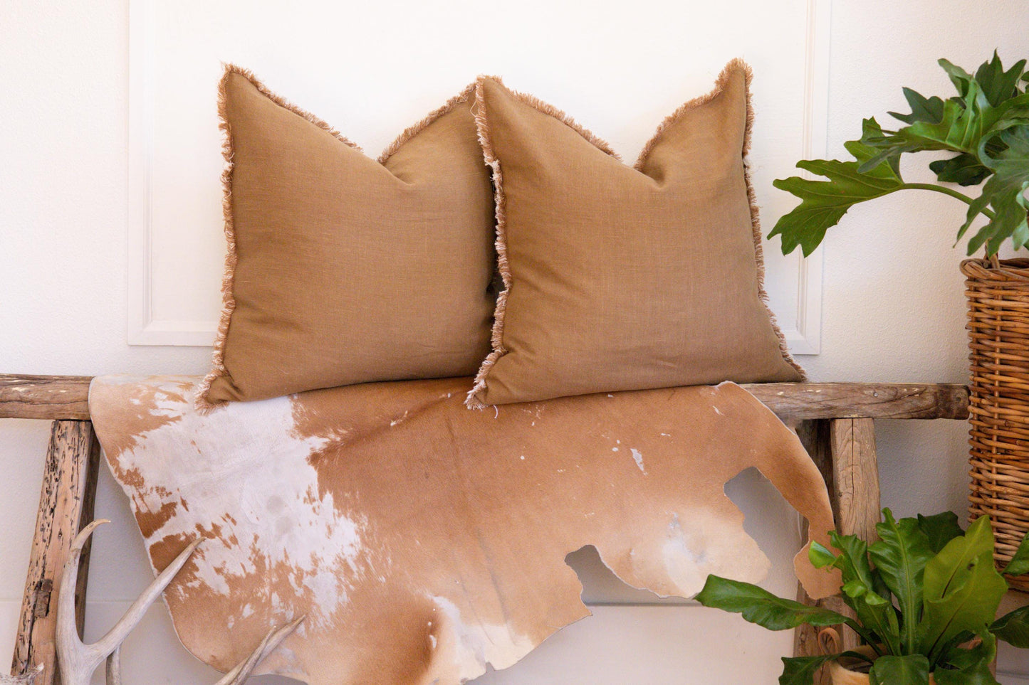Caramel Linen Pillow Cover with Raw Fringe – Handcrafted Home Decor, Ready to Ship