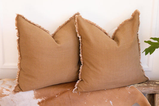 Caramel Linen Pillow Cover with Raw Fringe – Handcrafted Home Decor, Ready to Ship