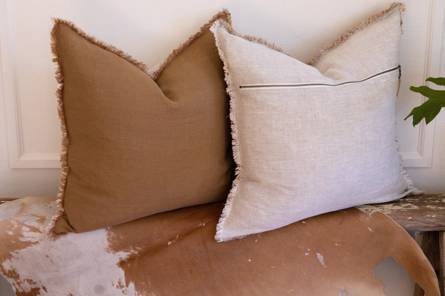 Caramel Linen Pillow Cover with Raw Fringe – Handcrafted Home Decor, Ready to Ship