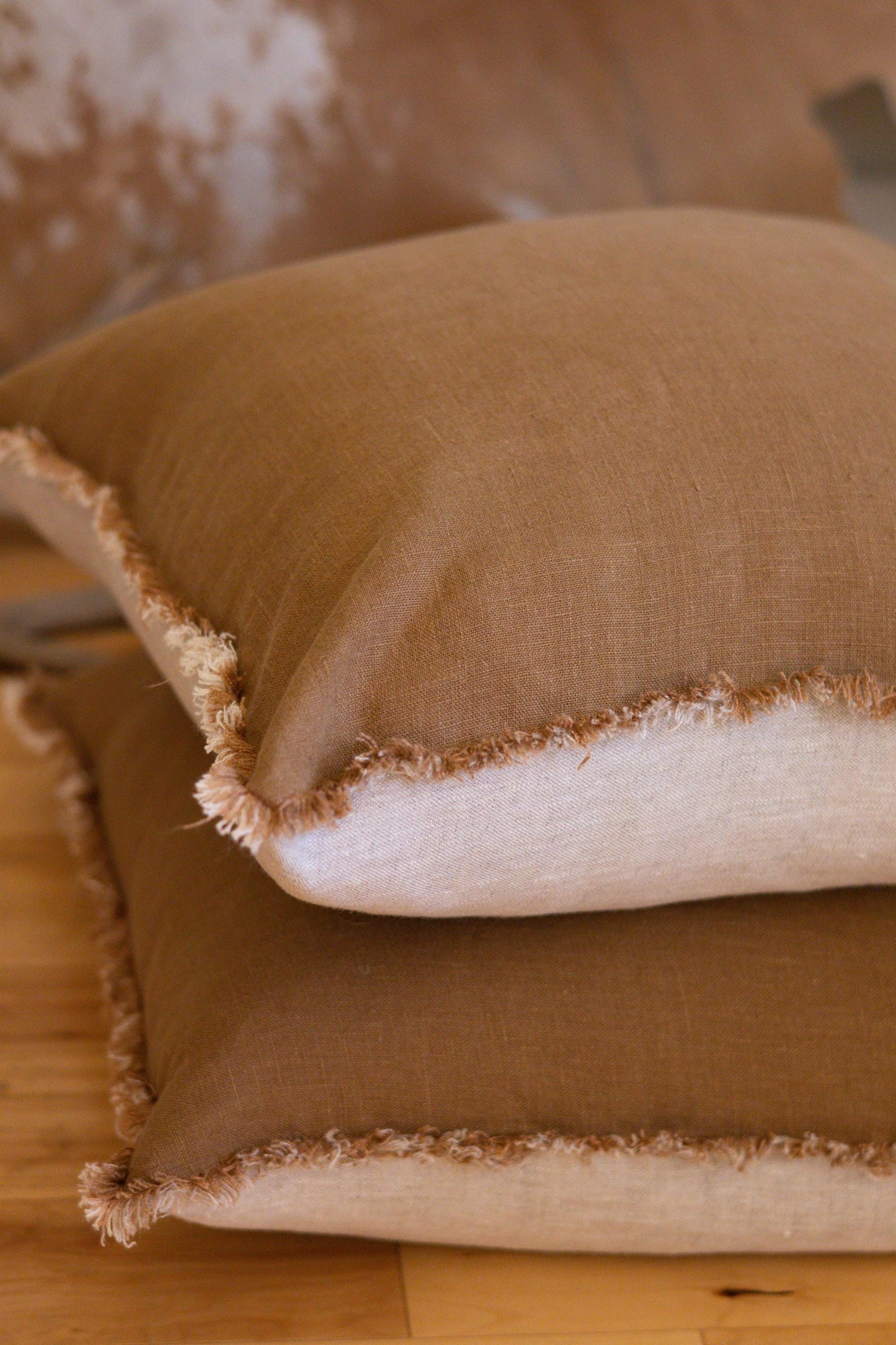 Caramel Linen Pillow Cover with Raw Fringe – Handcrafted Home Decor, Ready to Ship