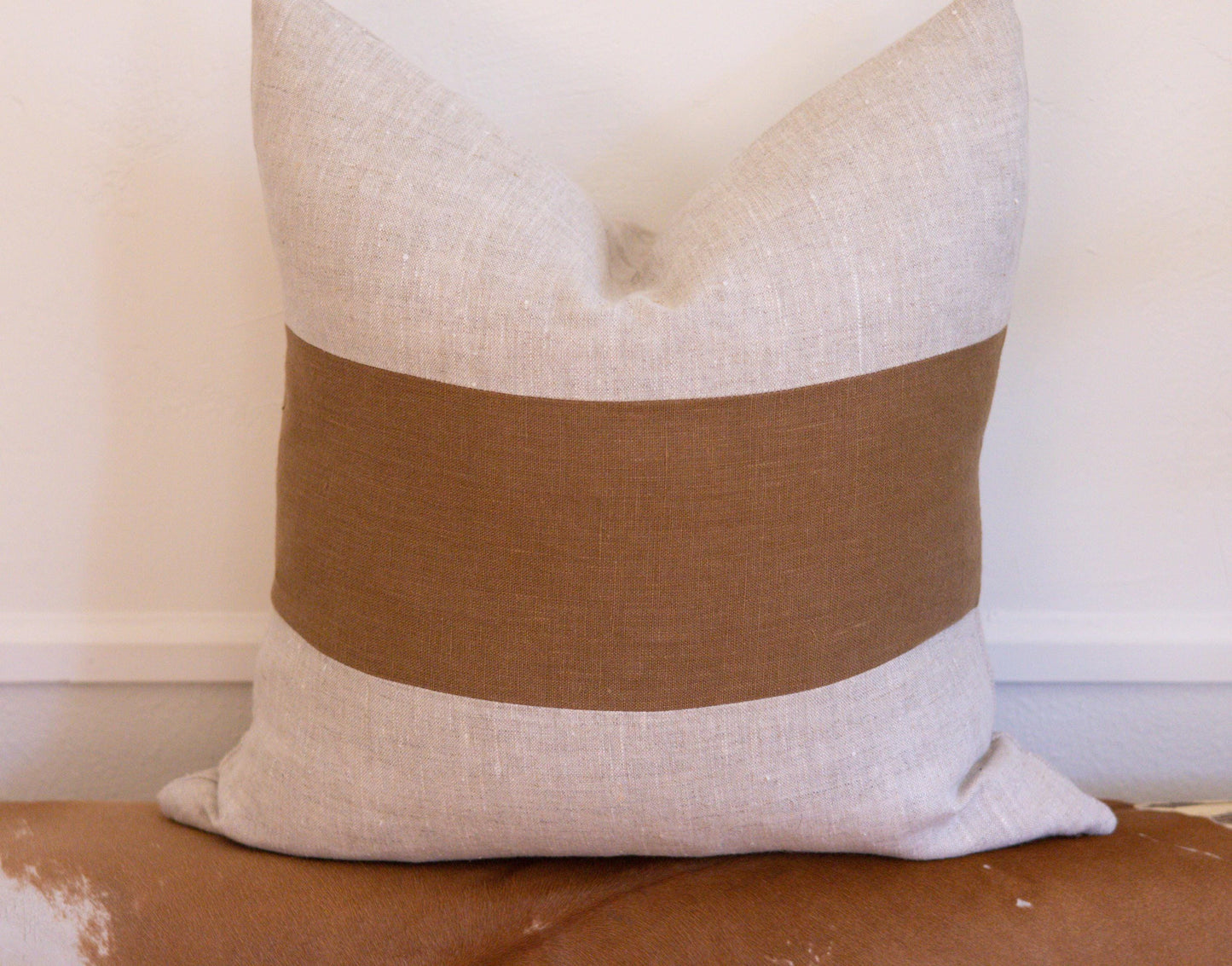 Caramel & Beige Colorblock Linen Pillow Cover – Handmade European Linen Cushion