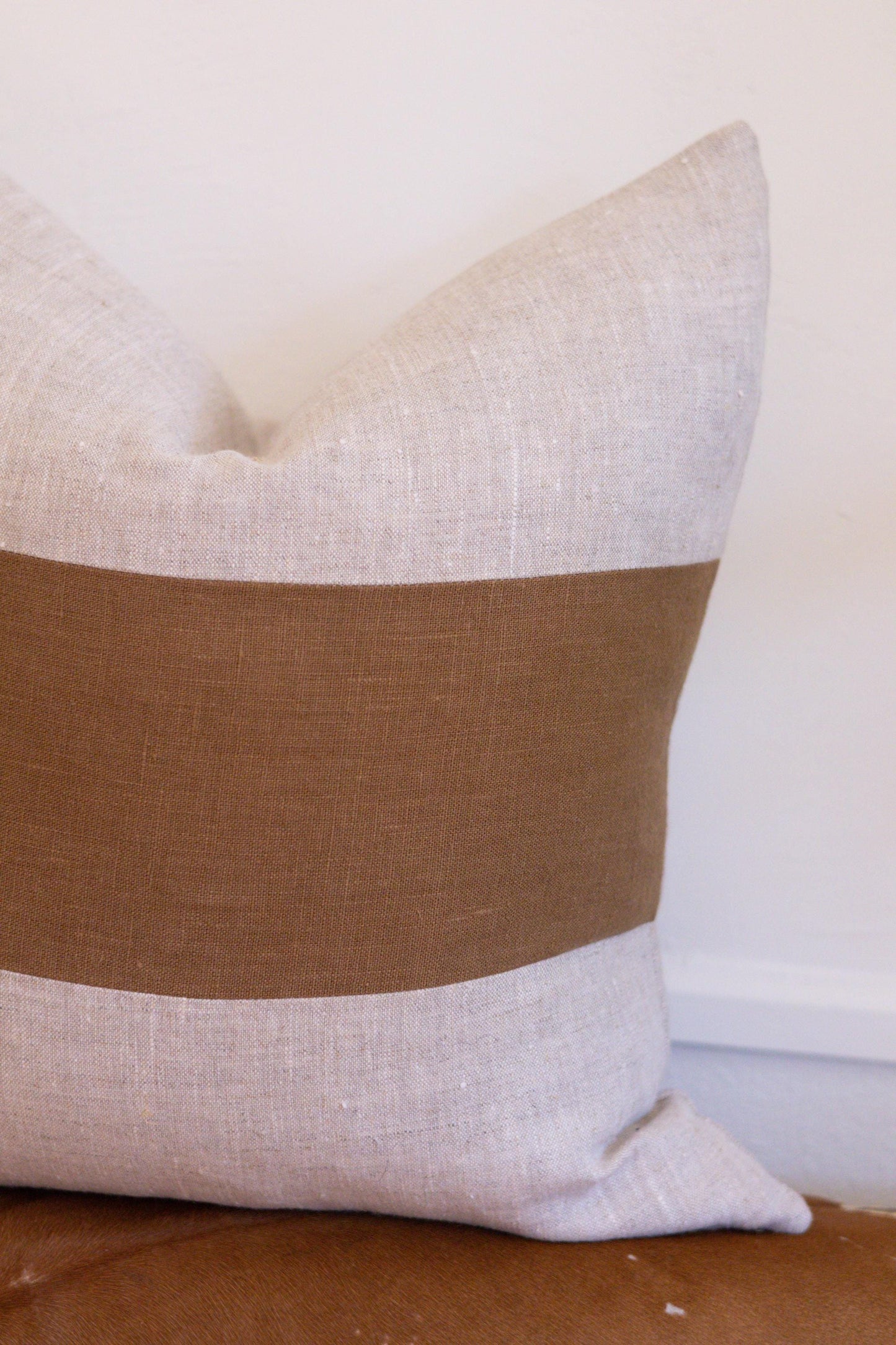 Caramel & Beige Colorblock Linen Pillow Cover – Handmade European Linen Cushion