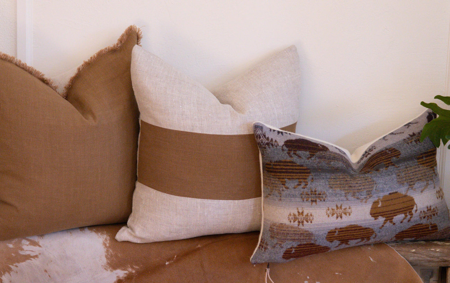 Caramel & Beige Colorblock Linen Pillow Cover – Handmade European Linen Cushion