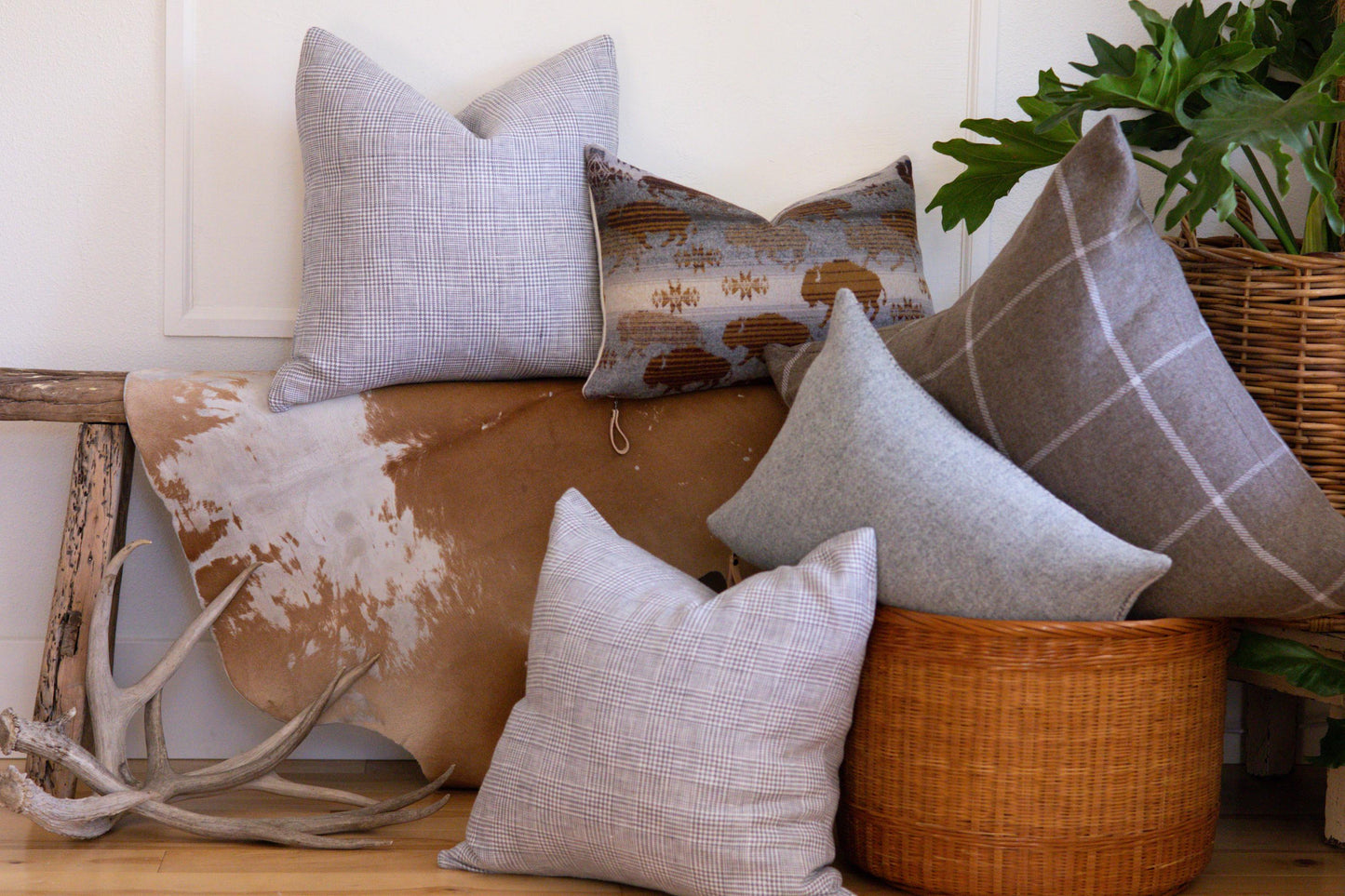 Assorted pillows on a wooden surface with a plant in the background