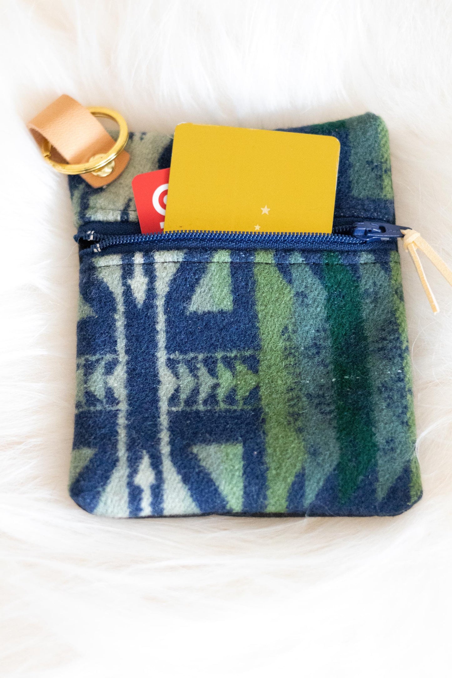 Navy and Green Wool Mini Clutch, Zippered Coin Purse, Key Fob Wallet, Credit Card Holder, Ear Bud Case, Teacher Gift