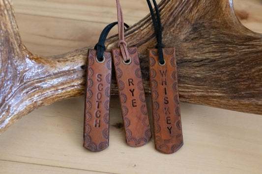Personalized Western Leather Decanter Tag – Custom Hand-Stamped Liquor Bottle Label