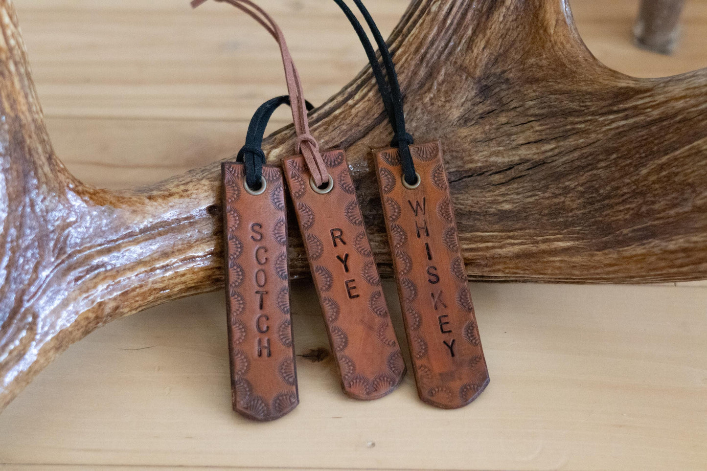 Hand-Stamped Western Leather Decanter Tag – Home Bar Accessory