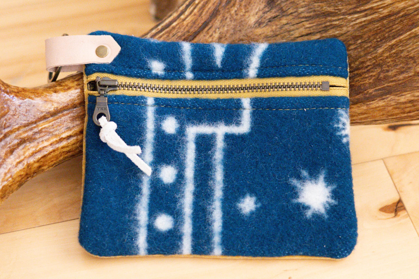 Southwestern style navy blue Wool clutch zippered ID Holder, small key fob wallet, tribal coin
