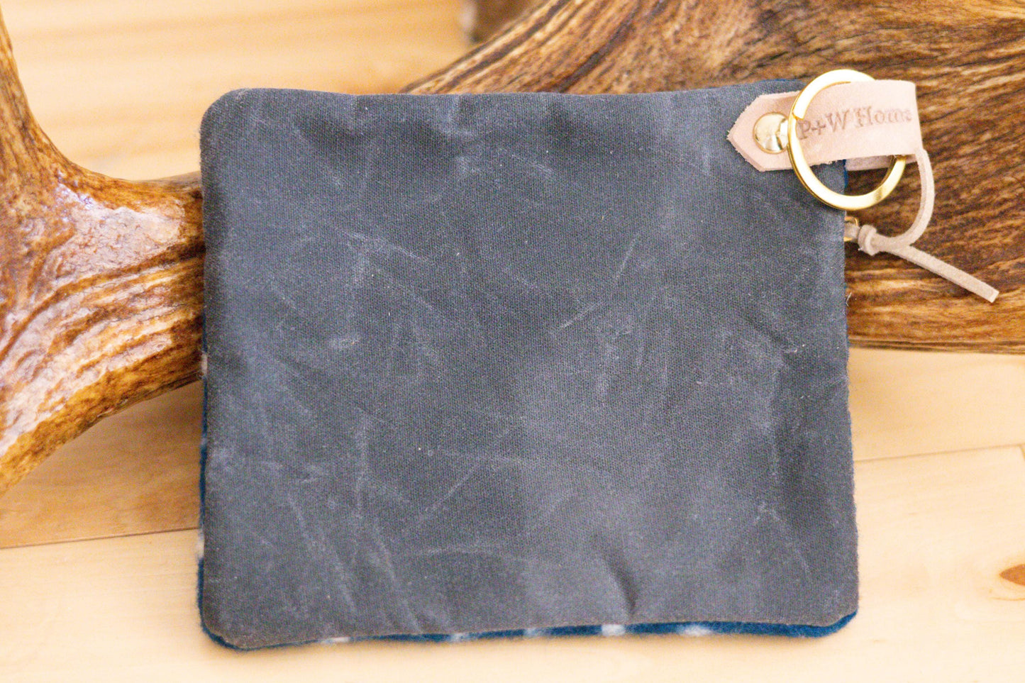 Southwestern style navy blue Wool clutch zippered ID Holder, small key fob wallet, tribal coin