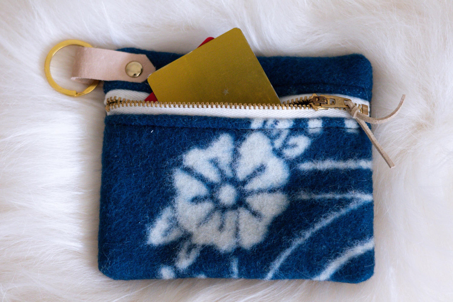 Southwestern style navy blue Wool clutch zippered ID Holder, small key fob wallet, tribal coin
