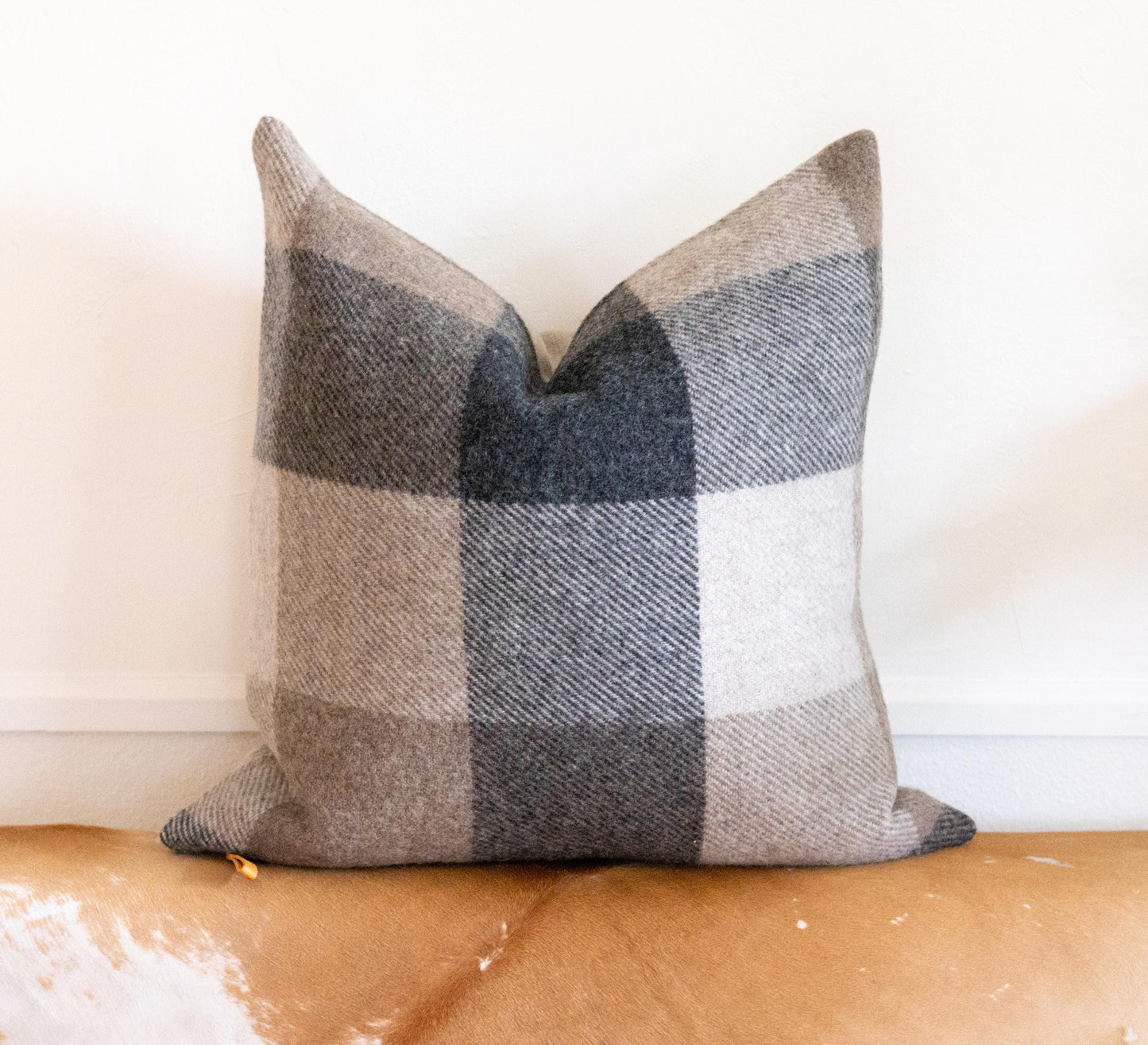 Tan & Charcoal Wool Pillow Cover – Oversized Gingham Style